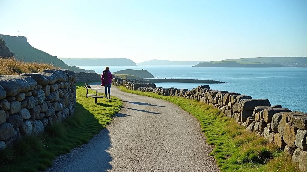Coastal pathway with stone walls and ocean vista, morning sunlight on weathered rocks