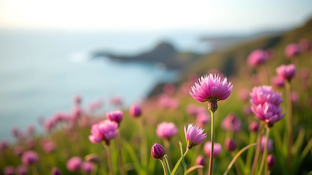 Wildflowers growing on cliff slope overlooking sea, soft afternoon light