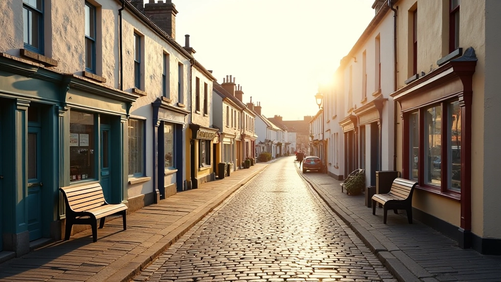 Quiet village street with local shops and traditional facades, morning light casting long shadows across pavement