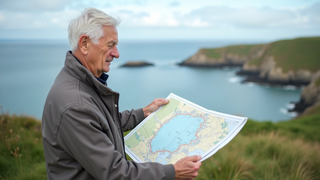 Person reading detailed coastal walking map on Ballycotton cliff path, scenic bay view, retirement-friendly planning